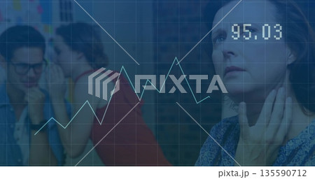 Touching senior in blouse holding neck at office, with grid overlay and line graph display 95 135590712