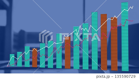 Displaying teal and rust grid bars growing in office by window, with white and magenta lines Displaying teal and rust grid bars growing in office by window, with white and magenta lines 135590729