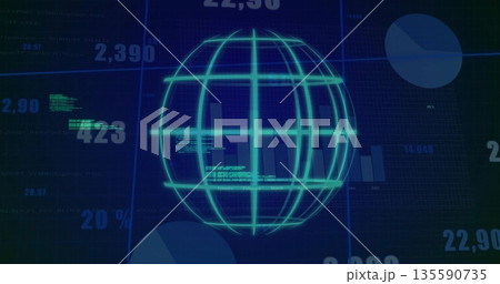 Floating wireframe globe rotating in analytics panel with bar and pie segments and numeric overlays 135590735