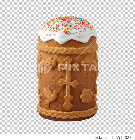 Traditional orthodox easter kulich cake with white icing and decorative dough elements, isolated on transparent background. Perfect for holiday baking and cultural content Traditional orthodox easter kulich cake with white icing and decorative dough elements, isolated on transparent background. Perfect for holiday baking and cultural content 135591022