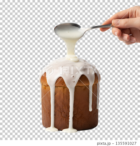 Action shot of hand pouring smooth white glaze or icing over a simple baked cake, isolated. Perfect for baking tutorials and homemade desserts Action shot of hand pouring smooth white glaze or icing over a simple baked cake, isolated. Perfect for baking tutorials and homemade desserts 135591027