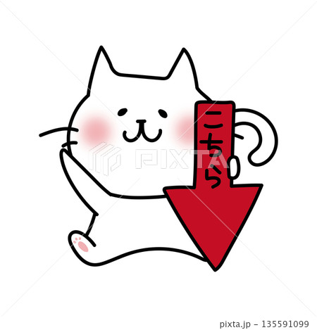 下を指す矢印を持つ白い猫 135591099