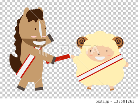 一幅可愛的生肖接力插畫,從馬到羊。 一幅可愛的生肖接力插畫,從馬到羊。 135591263