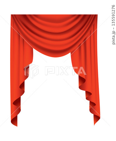 Red curtains realistic. Theater fabric silk decoration for movie cinema or opera hall. Curtains and draperies interior decoration object. Isolated on transparent for theater stage Red curtains realistic. Theater fabric silk decoration for movie cinema or opera hall. Curtains and draperies interior decoration object. Isolated on transparent for theater stage 135591276