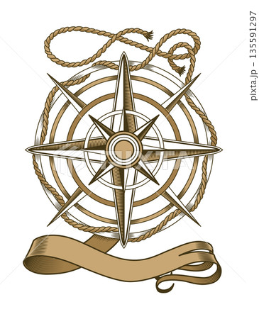 Retro nautical compass. Hand drawn wind rose. Old vector design element for marine theme and heraldry. Vintage rose of wind for sea marine navigation Retro nautical compass. Hand drawn wind rose. Old vector design element for marine theme and heraldry. Vintage rose of wind for sea marine navigation 135591297