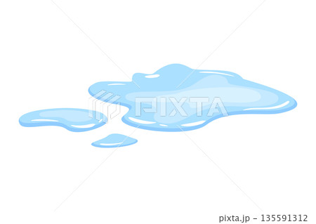 Water spill puddle. Blue liquid shape in flat cartoon style. Clean fluid drop design element isolated on white background 135591312