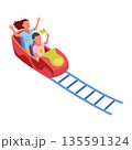 Roller coaster happy people. Rollercoaster. Friends riding in amusement park have fun positive emotion, park attractions. Young people having fun and enjoyment, cartoon vector illustration 135591324