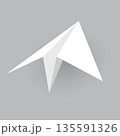 Paper plane model. Origami handmade aircraft view. Vector white paper airplane with shadow, isolated on gray background 135591326