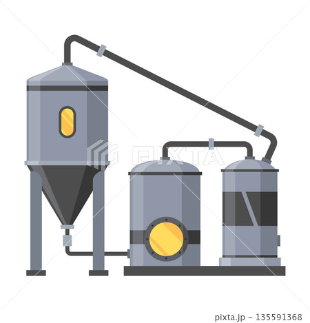 Brewery. Vintage brewing machine concept. Beer making process equipment, machinery symbol suitable for game asset, infographic or book print. Isolated vector illustration Brewery. Vintage brewing machine concept. Beer making process equipment, machinery symbol suitable for game asset, infographic or book print. Isolated vector illustration 135591368