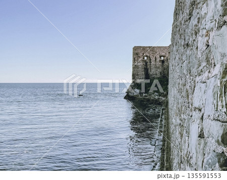 serene coastal scene, calm seascape with textured limestone foreground and ancient fort in background 135591553