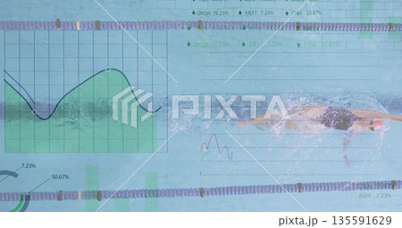Swimming athlete wearing red cap doing front crawl at pool with chart data overlay, copy space 135591629