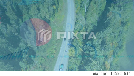 Driving dark-colored SUV navigating paved forest road, with sedan and digital telemetry overlays Driving dark-colored SUV navigating paved forest road, with sedan and digital telemetry overlays 135591634