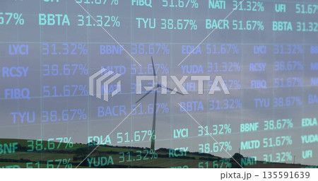 Displaying white wind turbine on grassy hill, with data overlay of stock tickers and percentages Displaying white wind turbine on grassy hill, with data overlay of stock tickers and percentages 135591639