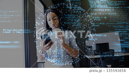 Woman wearing shirt scanning smartphone through glass partition in open office, coffee cup and code Woman wearing shirt scanning smartphone through glass partition in open office, coffee cup and code 135591658