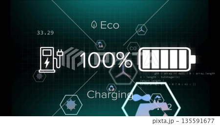 Showing 5-segment battery at 100% on dashboard featuring Eco icon, green icons and code snippets 135591677
