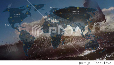 Surfing woman in wetsuit riding wave on surfboard, with digital world map overlay, copy space 135591692