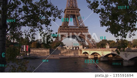 Showcasing Eiffel Tower rising behind riverside trees, Seine flowing under bridge with money values Showcasing Eiffel Tower rising behind riverside trees, Seine flowing under bridge with money values 135591694