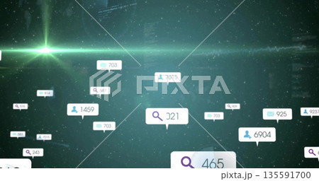 Floating notification bubbles displaying search envelope user icons in green starfield, with counts 135591700