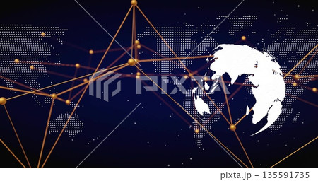 Displaying white Earth silhouette linking golden nodes and lines across dot-matrix map, copy space Displaying white Earth silhouette linking golden nodes and lines across dot-matrix map, copy space 135591735