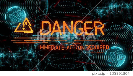 Showing amber triangle with DANGER and IMMEDIATE ACTION REQUIRED in cyberspace grid, with spheres Showing amber triangle with DANGER and IMMEDIATE ACTION REQUIRED in cyberspace grid, with spheres 135591804