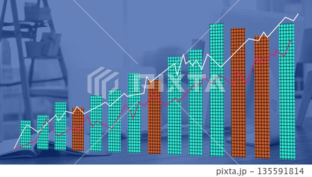 Displaying digital bar and line chart rising in office lounge, with notebook and coffee cup Displaying digital bar and line chart rising in office lounge, with notebook and coffee cup 135591814