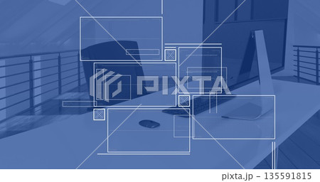 Displaying UI wireframe overlays over desk with computer setup, notebook, smartphone in loft office Displaying UI wireframe overlays over desk with computer setup, notebook, smartphone in loft office 135591815
