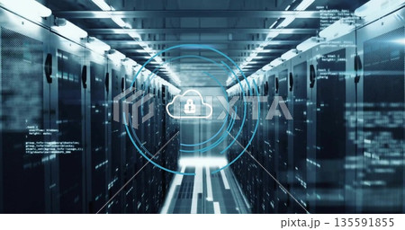 Displaying blue circular overlay with cloud lock icon in data center corridor with server racks 135591855