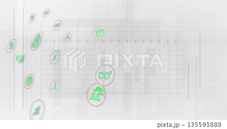 Displaying interface showing neon green, gray energy icons over faint grid with panel outlines 135591889