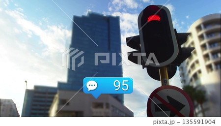 Framing traffic light and no-right-turn sign rising beside office tower, bubble '95', copy space Framing traffic light and no-right-turn sign rising beside office tower, bubble '95', copy space 135591904