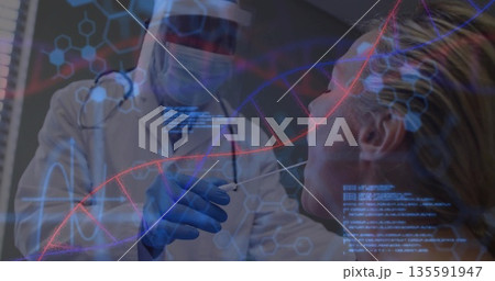Doctor performing nasal swab on patient in clinic, with face shield, mask, gloves, digital overlay 135591947