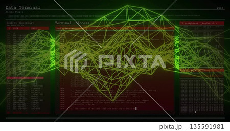 Displaying green-yellow wireframe on console, with terminal windows showing code and login details Displaying green-yellow wireframe on console, with terminal windows showing code and login details 135591981