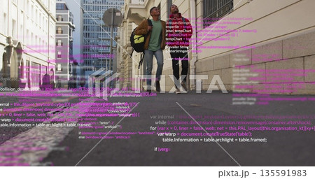 Walking developers in jackets with backpacks down narrow street with floating code, street sign Walking developers in jackets with backpacks down narrow street with floating code, street sign 135591983
