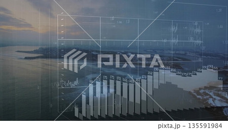 Displaying transparent financial chart overlaying sunset view, showing bar columns and line graph Displaying transparent financial chart overlaying sunset view, showing bar columns and line graph 135591984