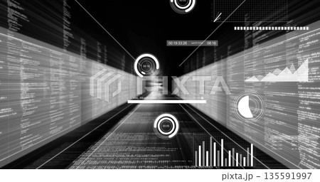 Displaying data tunnel in code corridor, with HUD rings, charts, timeline slider and timestamps 135591997