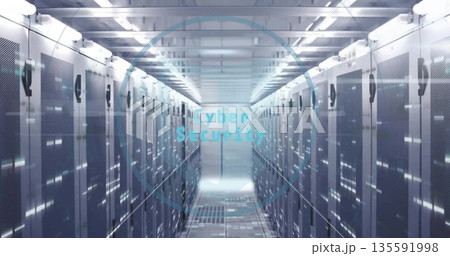 Extending corridor in server room featuring racks showing LED indicators, floor vents, cable trays 135591998