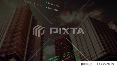 Showing overlay on skyline with two towers at dusk, featuring line graphs % values ticker symbols 135592019