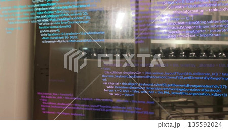 Displaying programming code on glass partition inside commercial kitchen, with steel ovens and jars Displaying programming code on glass partition inside commercial kitchen, with steel ovens and jars 135592024