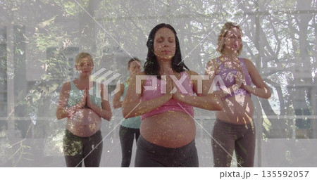 Four pregnant women wearing sportswear holding prayer pose in yoga studio, with yoga mats Four pregnant women wearing sportswear holding prayer pose in yoga studio, with yoga mats 135592057