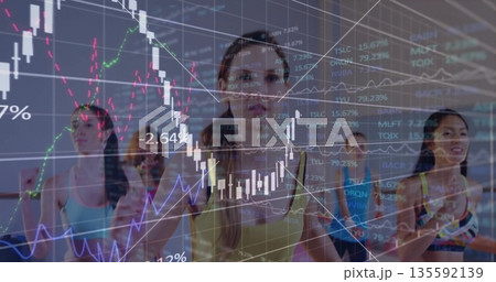 Jogging instructor wearing yellow sports bra, grey leggings in white studio with financial overlay Jogging instructor wearing yellow sports bra, grey leggings in white studio with financial overlay 135592139