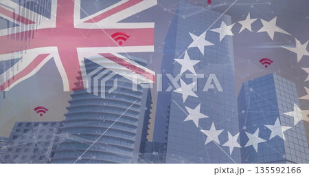 Rising skyscrapers linking via red Wi-Fi and white lines in cityscape, with UK and EU overlays 135592166