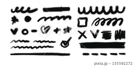 Hand drawn line elements with halftone texture. Brush stroke arrows, pencil sketches, and marker doodles. Perfect for creative designs and handwritten emphasis. Hand drawn line elements with halftone texture. Brush stroke arrows, pencil sketches, and marker doodles. Perfect for creative designs and handwritten emphasis. 135592272
