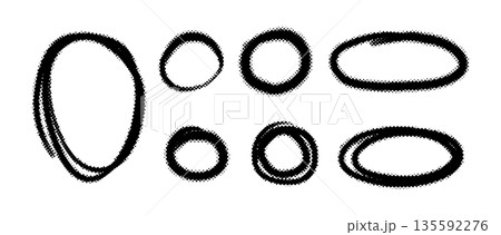 Halftone hand sketched ovals and round shapes created with pen strokes. Artistic doodle frames and circular borders for design projects, notes, and creative emphasis elements. 135592276