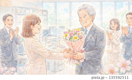 退職祝いで花束を受け取る男性と拍手する同僚たちのイラスト 退職祝いで花束を受け取る男性と拍手する同僚たちのイラスト 135592511