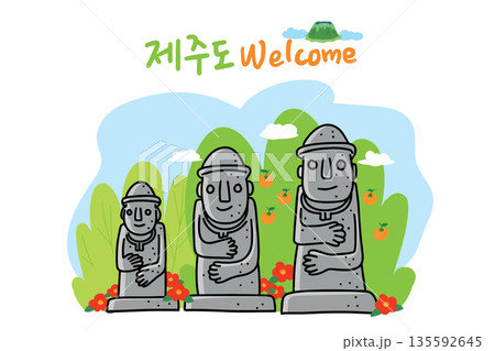 JEJU4. This is an illustration of Jeju, a beautiful island in Korea, where stone harbangs stand side by side against the background of a forest with blue skies and camellia flowers in full bloom. JEJU4. This is an illustration of Jeju, a beautiful island in Korea, where stone harbangs stand side by side against the background of a forest with blue skies and camellia flowers in full bloom. 135592645