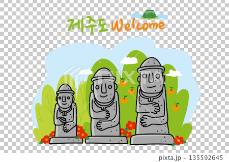 JEJU4. This is an illustration of Jeju, a beautiful island in Korea, where stone harbangs stand side by side against the background of a forest with blue skies and camellia flowers in full bloom. JEJU4. This is an illustration of Jeju, a beautiful island in Korea, where stone harbangs stand side by side against the background of a forest with blue skies and camellia flowers in full bloom. 135592645