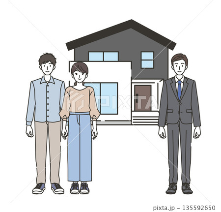 家と夫婦と営業マンのイラスト 家と夫婦と営業マンのイラスト 135592650