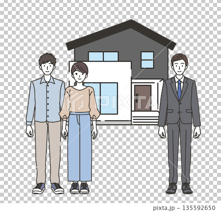 家と夫婦と営業マンのイラスト 家と夫婦と営業マンのイラスト 135592650