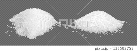 Sea salt piles isolated on transparent background. Heaps of sugar on table. White grain crystals. Natural mineral for cooking, bath, spa. Realistic vector illustration set Sea salt piles isolated on transparent background. Heaps of sugar on table. White grain crystals. Natural mineral for cooking, bath, spa. Realistic vector illustration set 135592755