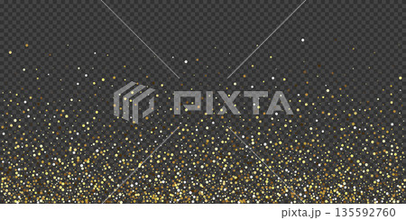 Gold glitter confetti background. Golden glittering dust on transparent background with copy space. Festive holiday shiny luxury backdrop. Abstract vector illustration 135592760