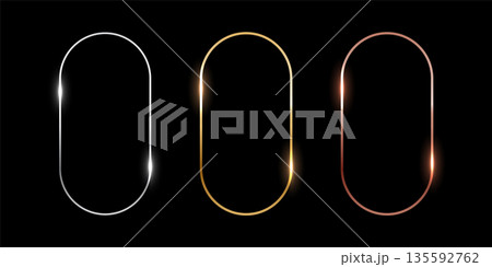Gold, silver and bronze oval frames. Vertical thin metal ellipse photo or picture frames isolated on black background. Simple object mockup. 3d abstract empty template vector illustration set Gold, silver and bronze oval frames. Vertical thin metal ellipse photo or picture frames isolated on black background. Simple object mockup. 3d abstract empty template vector illustration set 135592762